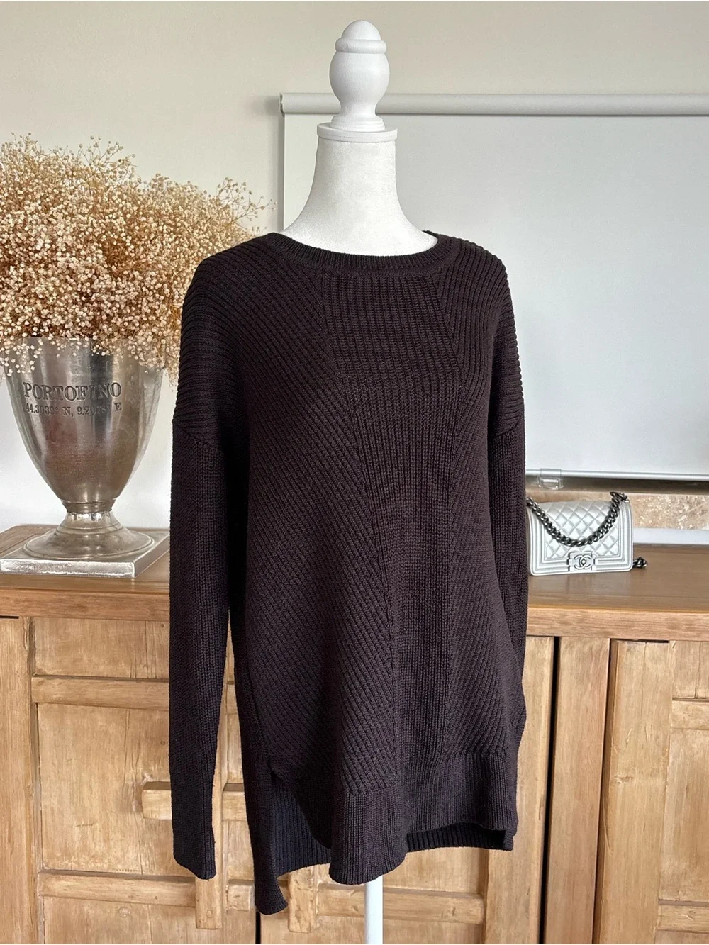 ATHLETA Merino Wool Blend Ribbed Sweater M Dark Chocolate High Low Tunic Cottage - Picture 10 of 14
